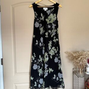 STUDIO 1 | Black Midi Dress W/ Green Floral Design | Size 14